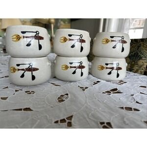 Vintage 1960's West Bend Stoneware Bean Pot Crock Bowl MCM Fork & Spoon Set Of 6